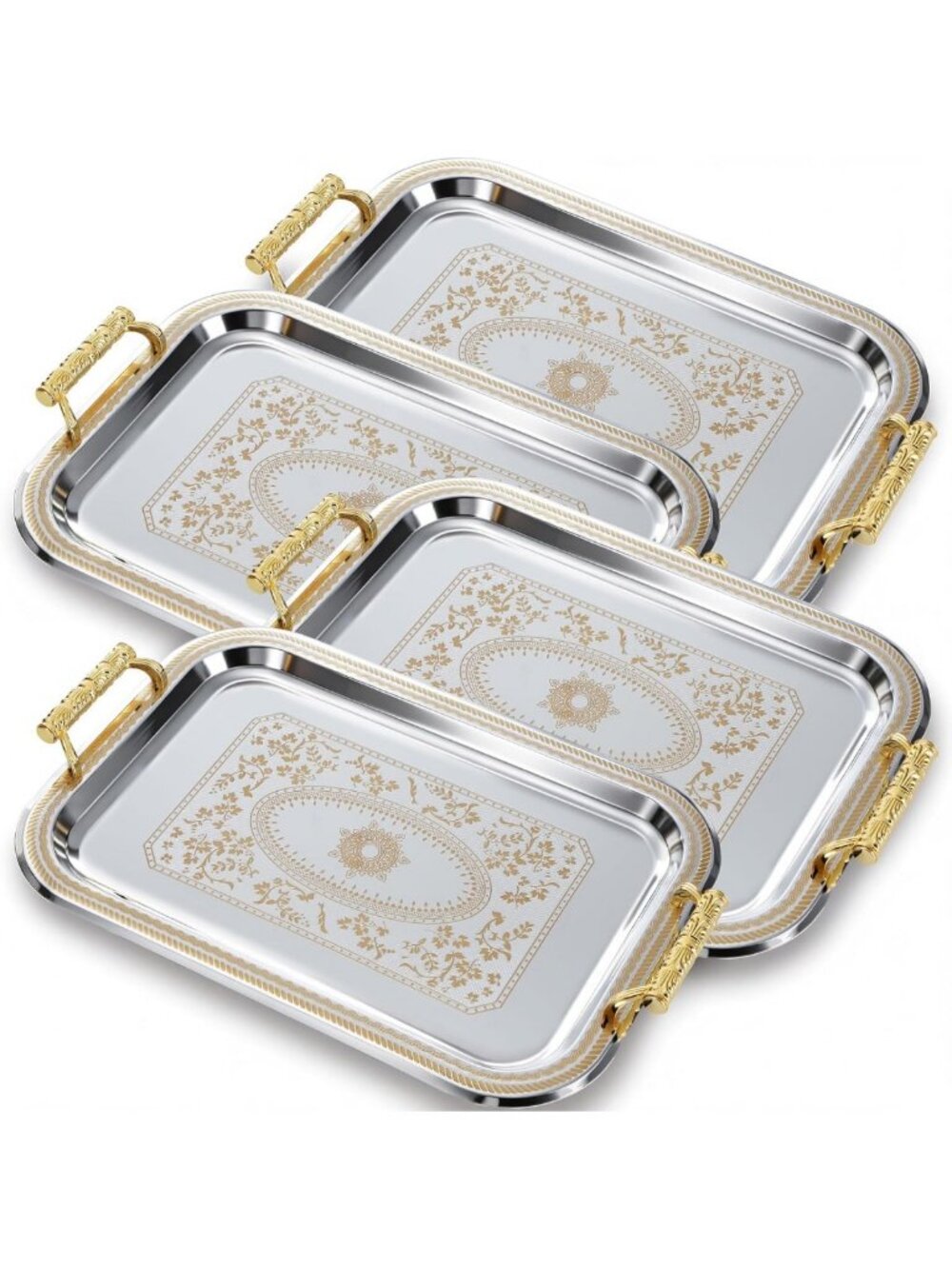 4 Pack Gold Stainless Steel Serving Trays with Handles - Elegant Party